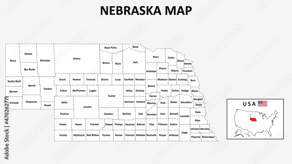 Nebraska Map. State and district map of Nebraska. Administrative map of