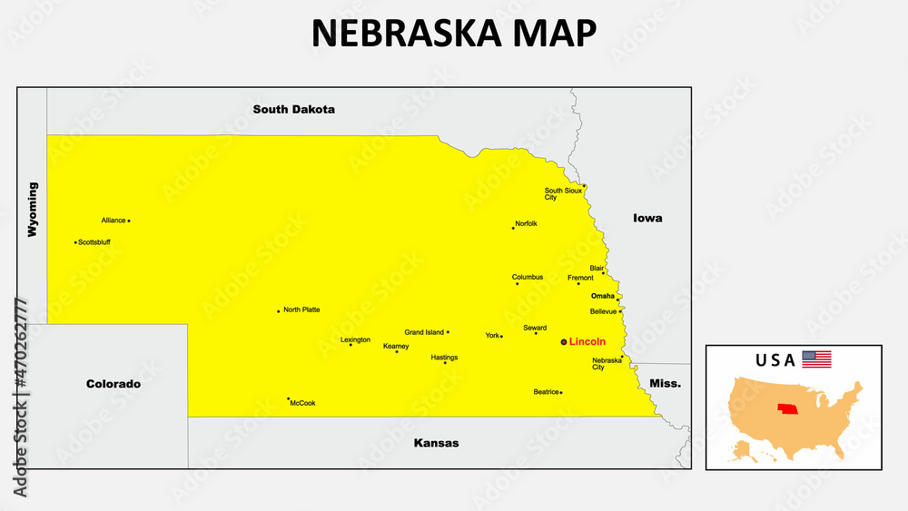 Nebraska Map. State and district map of Nebraska. Political map of
