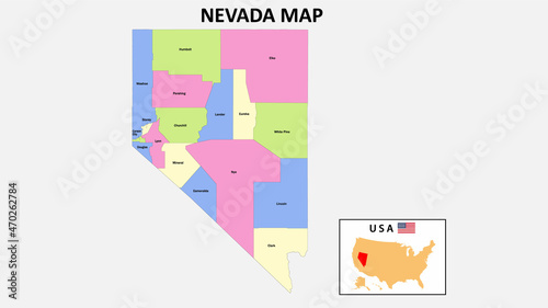 Nevada Map. District map of Nevada in 2020. District map of Nevada in color with capital.