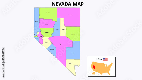 Nevada Map. District map of Nevada in 2020. District map of Nevada in color with capital. photo