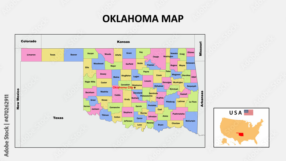 Fototapeta Oklahoma Map. State and district map of Oklahoma. Political map of Oklahoma with neighboring countries and borders.
