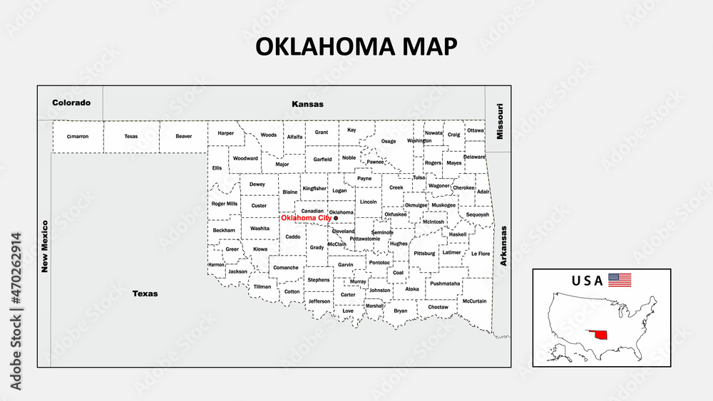 Oklahoma Map. Political map of Oklahoma with boundaries in white color
