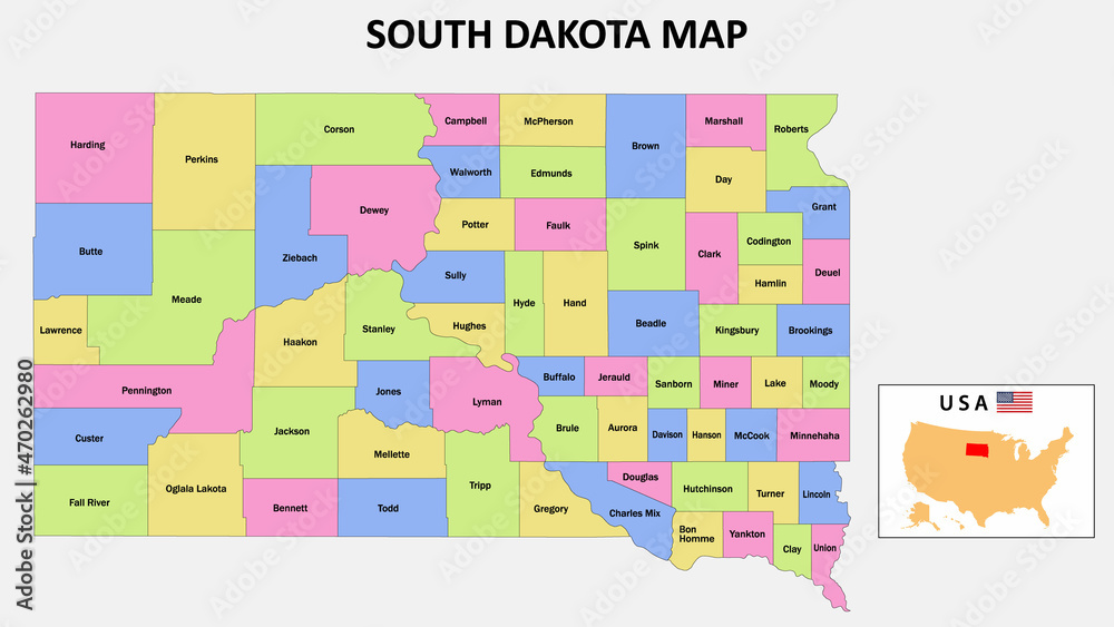South Dakota Map. District map of South Dakota in District map of South Dakota in color with capital. South Dakota Map. District map of South Dakota in District map of South Dakota in color with capital.
