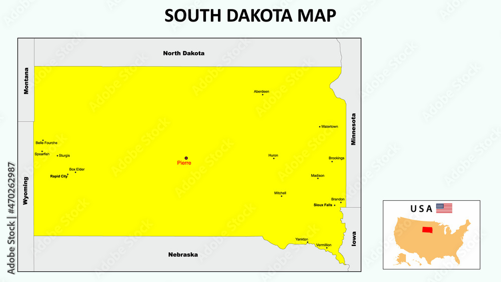 South Dakota Map. State and district map of South Dakota. Political map