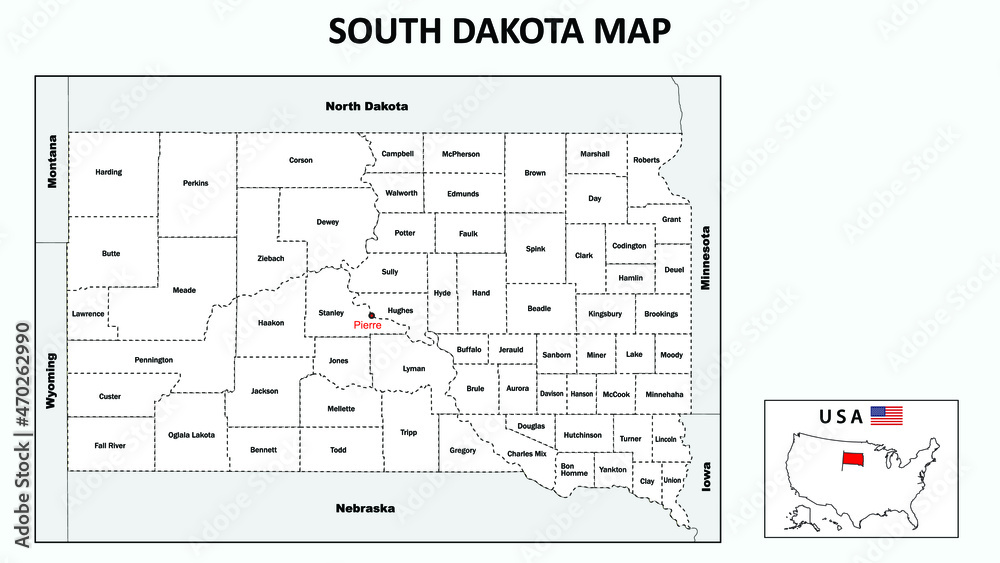South Dakota Map. Political map of South Dakota with boundaries in