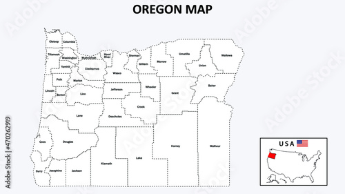 Oregon Map. State and district map of Oregon. Administrative map of Oregon with district and capital in white color.