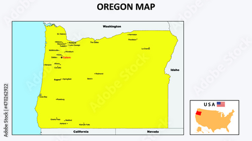 Oregon Map. State and district map of Oregon. Political map of Oregon with the major district