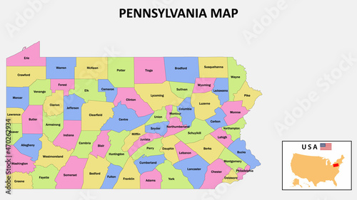 Pennsylvania Map. District map of Pennsylvania in District map of Pennsylvania in color with capital.