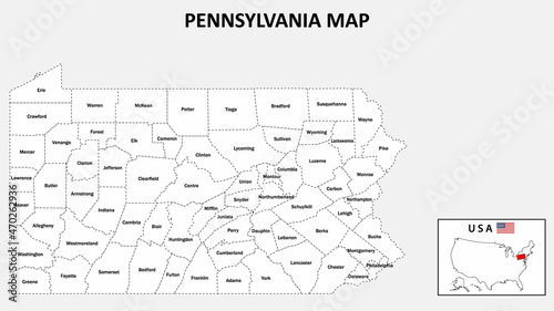 Pennsylvania Map. State and district map of Pennsylvania. Administrative map of Pennsylvania with district and capital in white color.