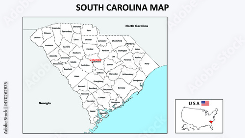South Carolina Map. Political map of South Carolina with boundaries in white color.