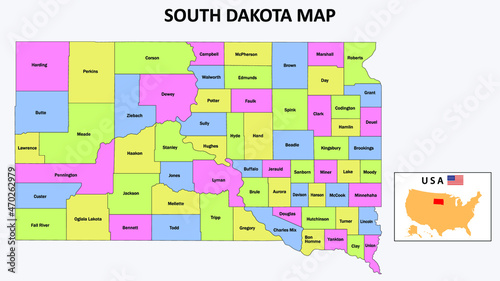 South Dakota Map. District map of South Dakota in District map of South Dakota in color with capital.