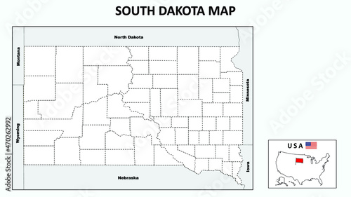 South Dakota Map. Political map of South Dakota with boundaries in Outline.