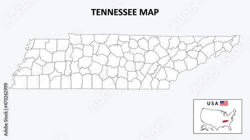 Tennessee Map. State and district map of Tennessee. Political map of Tennessee with outline and black and white design.