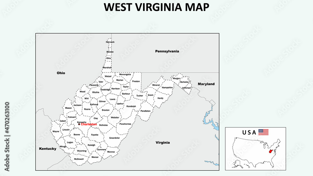 Fototapeta West Virginia Map. Political map of West Virginia with boundaries in white color.