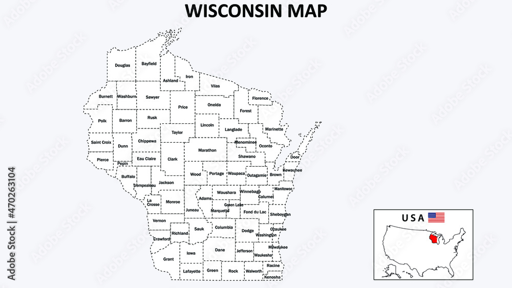 Wisconsin Map. State and district map of Wisconsin. Administrative map