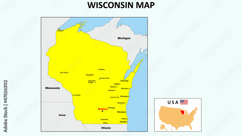 Wisconsin Map. State and district map of Wisconsin. Political map of