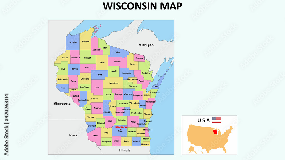 Wisconsin Map. State and district map of Wisconsin. Political map of