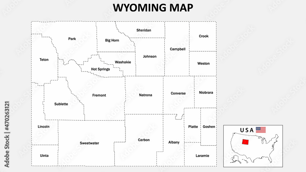 Wyoming Map. State and district map of Wyoming. Administrative map of Wyoming with district and capital in white color. Wyoming Map. State and district map of Wyoming. Administrative map of Wyoming with district and capital in white color.