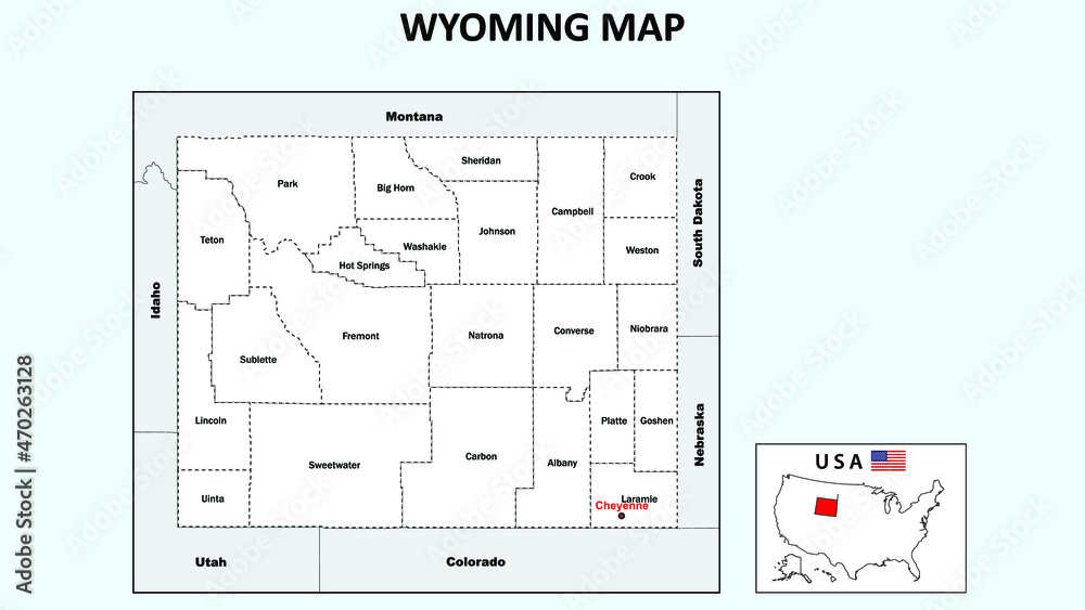 Wyoming Map. Political map of Wyoming with boundaries in white color. Wyoming Map. Political map of Wyoming with boundaries in white color.