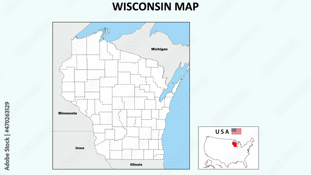 Wisconsin Map. Political map of Wisconsin with boundaries in Outline