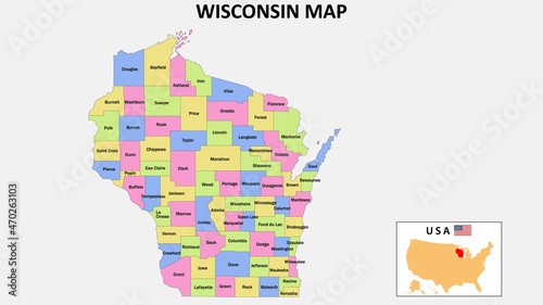 Wisconsin Map. District map of Wisconsin in District map of Wisconsin in color with capital.