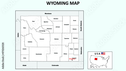 Wyoming Map. Political map of Wyoming with boundaries in white color.