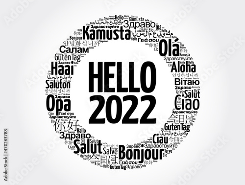 Hello 2022 word cloud in different languages of the world, concept background