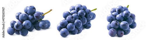 Small bunches of blue grapes without leaves set isolated on white background photo