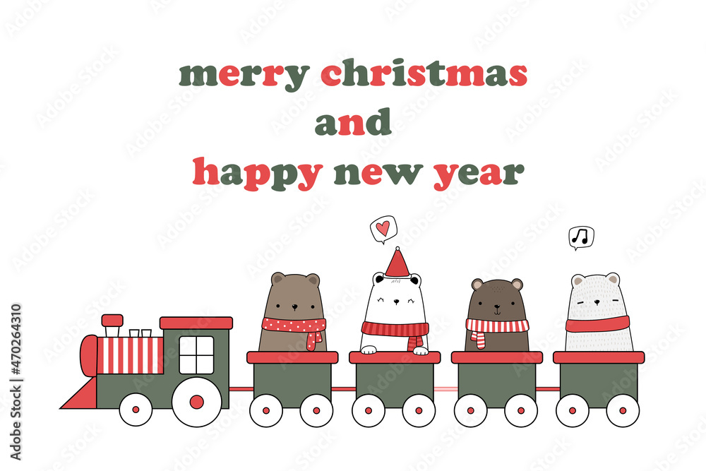 cute polar and teddy bear sit in a train in merry christmas theme vector illustration