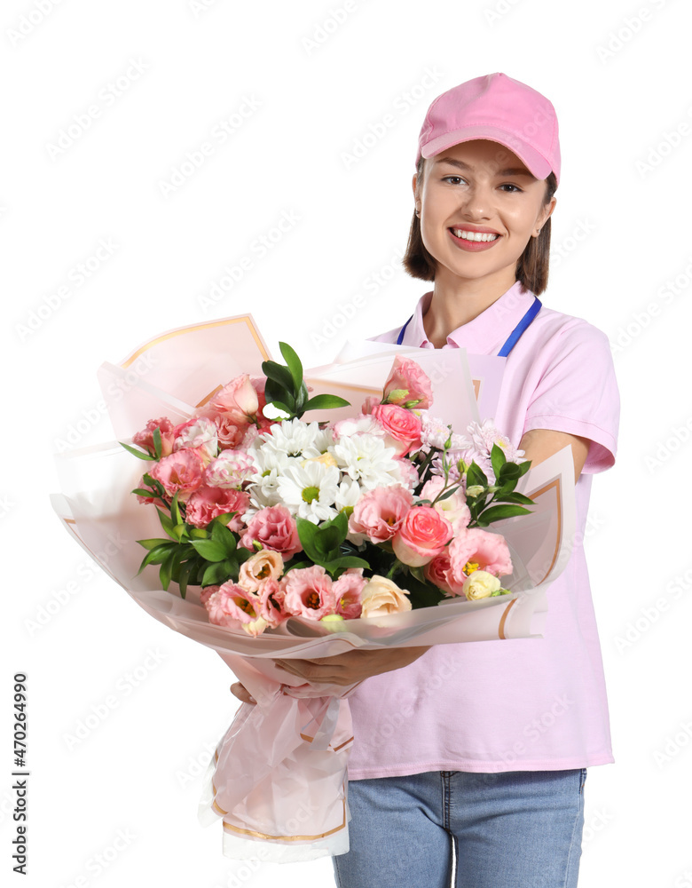 Female courier with bouquet of flowers on white background Female courier with bouquet of flowers on white background