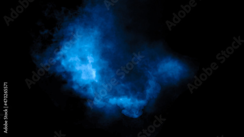 Fog and mist effect on isolated black background. Blue smoke texture.