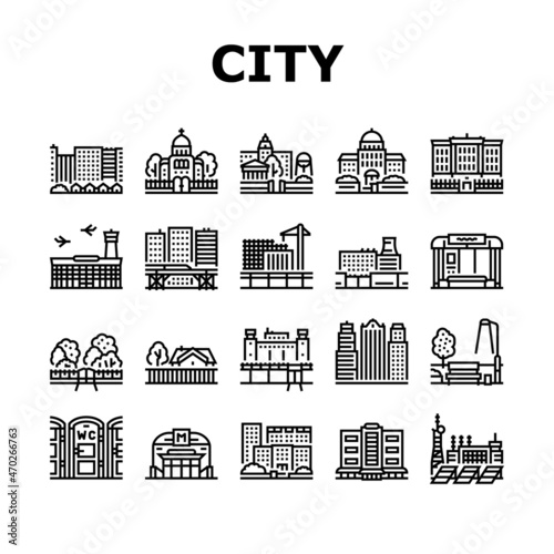 City Construction And Landscape Icons Set Vector. Metro Station And Bus Stop, Factory Industry Building And Airport, Church And Cathedral, City Park And Business Center Black Contour Illustrations