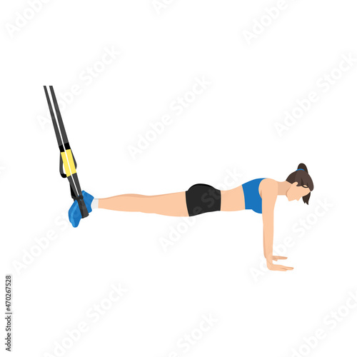 Woman doing TRX. Suspension planks exercise. Flat vector illustration isolated on white background. Total Body Resistance Exercise Suspension