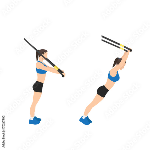Woman doing Standing TRX Suspension strap ab rollout. abdominal roller exercise side view. vector illustration isolated on background