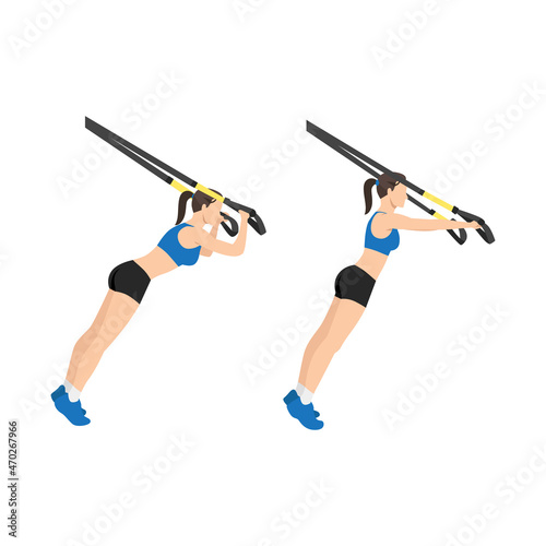 Woman doing TRX Suspension straps triceps extensions flat vector illustration isolated on white background