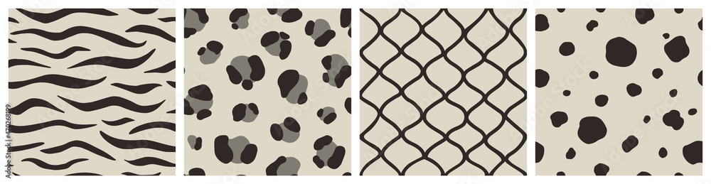 Fototapeta premium Set of Animal Skin Seamless Patterns: Zebra, Leopard, Snake, Сheetah print. Hand Drawn vector illustration in Boho Style. Modern trend design background in Black and White tone.