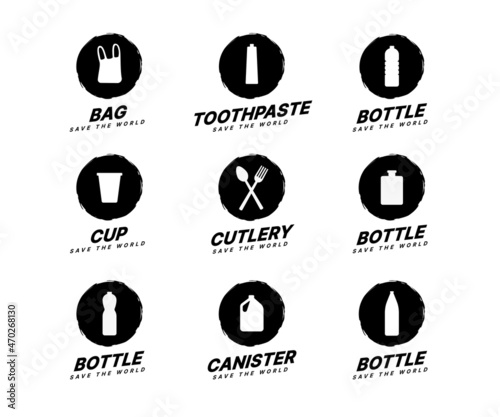 Set of Ocean litter icons, Word trash symbols vetor illustration. Pollution and Sustainability concept. Zero waste, Recycle, Reuse and Reduce