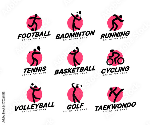 Set of sport icons tournament, Sport club logotype concept. Abstract sport symbol design vector illustrations. Run, Football, Badminton, Tennis, Golf, Cycling, Volleyball, Basketball, Taekwondo