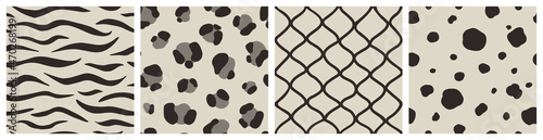 Set of Animal Skin Seamless Patterns: Zebra, Leopard, Snake, Сheetah print. Hand Drawn vector illustration in Boho Style. Modern trend design background in Black and White tone.
