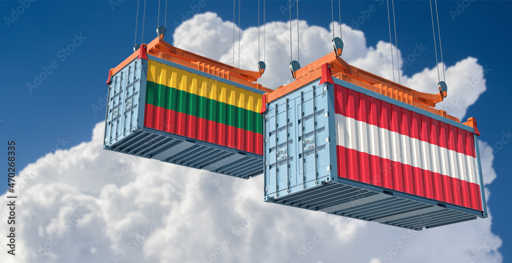 Freight containers with Austria and Lithuania national flags. 3D Rendering 