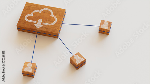 Data storage Technology Concept with cloud download Symbol on a Wooden Block. User Network Connections are Represented with Blue string. White background. 3D Render. photo