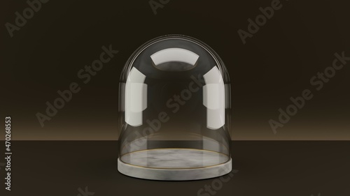 3D rendered minimal empty showcase. A white marble circle podium pedestal with glass cover in front of a dark brown background.