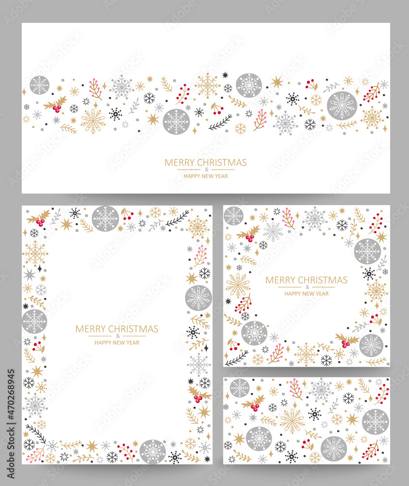 Christmas greeting card templates. Floral frames with beautiful snowflakes and with place for text. Holiday frame with evergreen fir tree branches, holly berries. Elegant pattern, vector illustration.