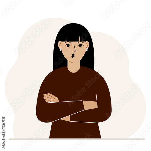 The woman is screaming and upset. The arms are crossed over the chest. Vector