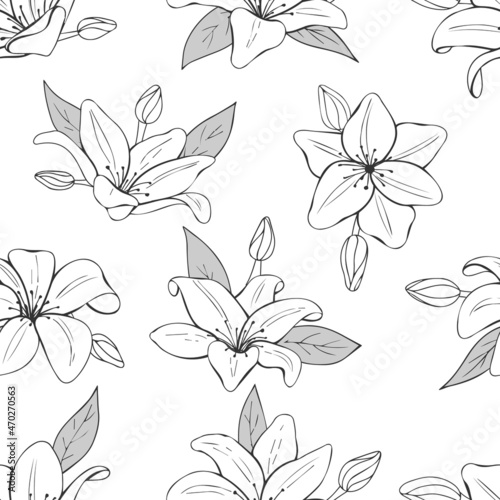 Wallpaper Mural seamless monochrome pattern from hand drawn lilies. Floral endless texture. Vector illustration. Line art. Torontodigital.ca