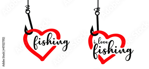 Cartoon stickman, i love fishing withe love heart or fishing with love. Stick figure and fish icon or pictogram. Favorite hobby sport for people.