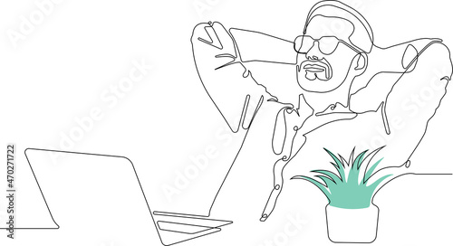 One single line drawing of young happy calm millennial man in glasses sit relax at home office workplace Vector illustration