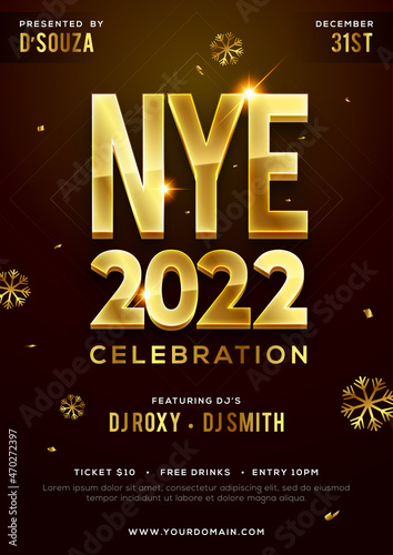 Editable Happy New Year 2022 rectangle party flyer design with golden snow flakes on creative brown background, vector illustration