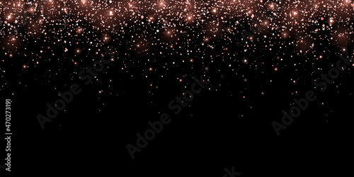 Wide rose gold glitter holiday confetti with glow lights on black background. Vector