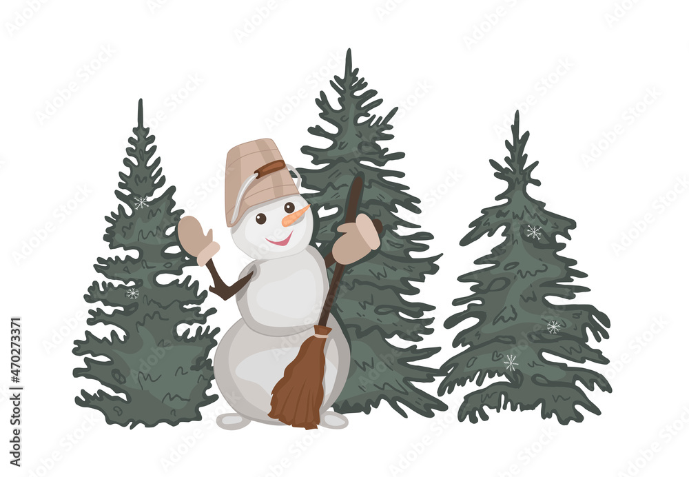 christmas card vector. snowman vector. snowman waving his hand vector. snowman with broom. vector illustration. eps